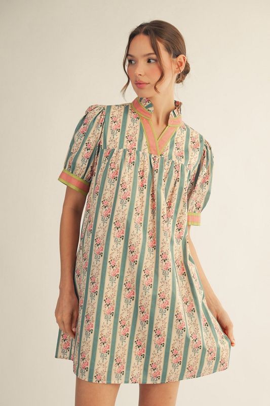 Stripe Floral Print Babydoll Dress