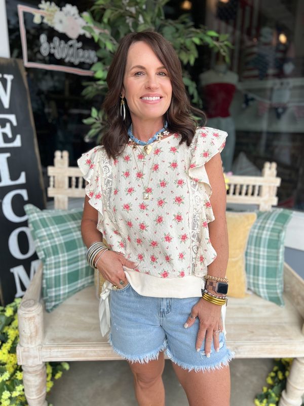 Flower Printed Ruffle Sleeve Top