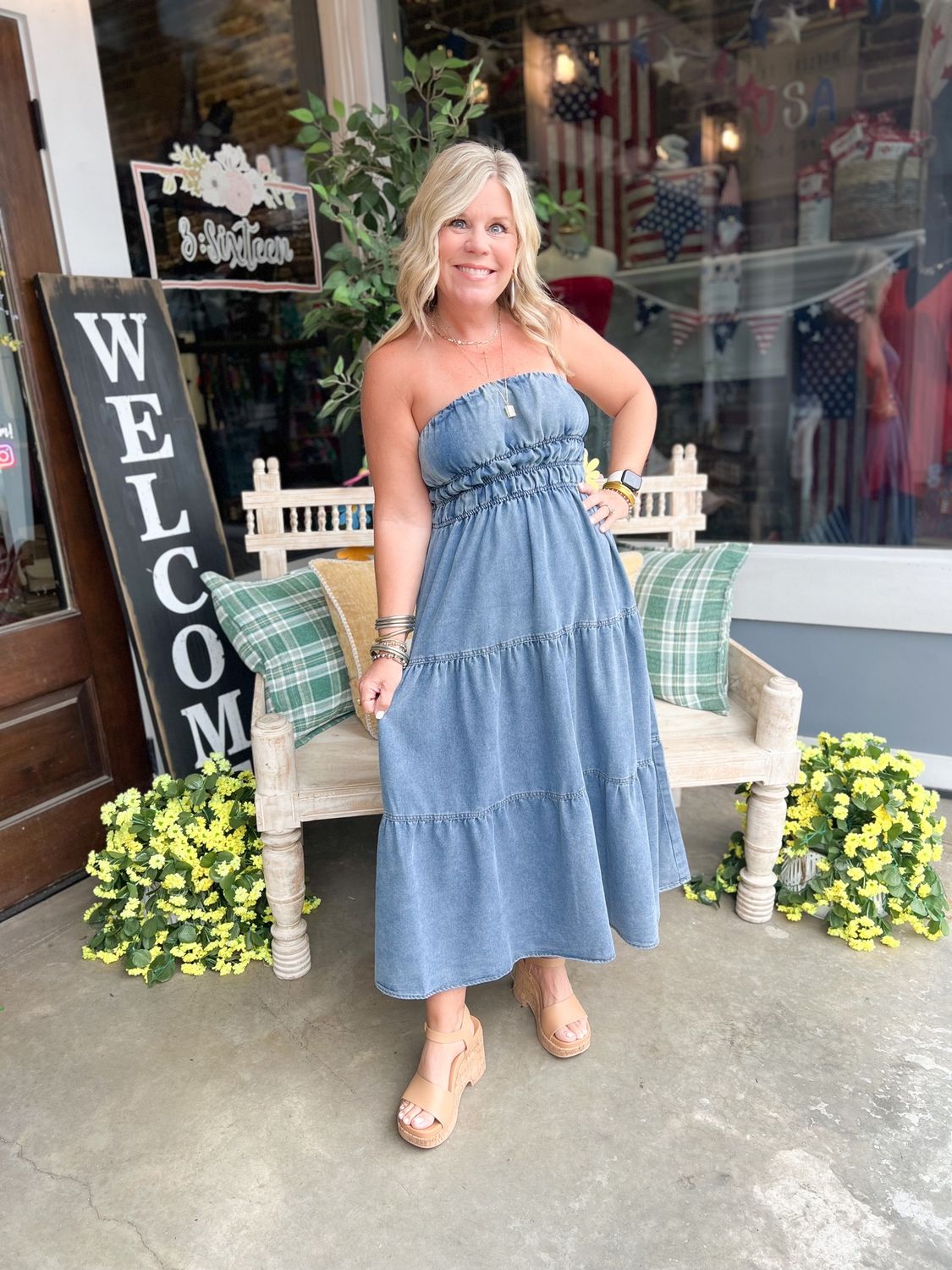 STRAPLESS SHIRRED TIERED DENIM MIDI SUNDRESS