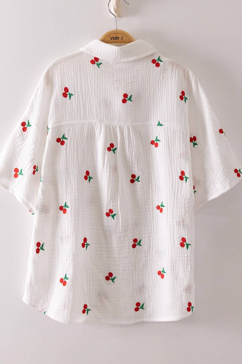 Fruit Embroidery  Gauze Shirt Top, Color: Cherry, Size: S