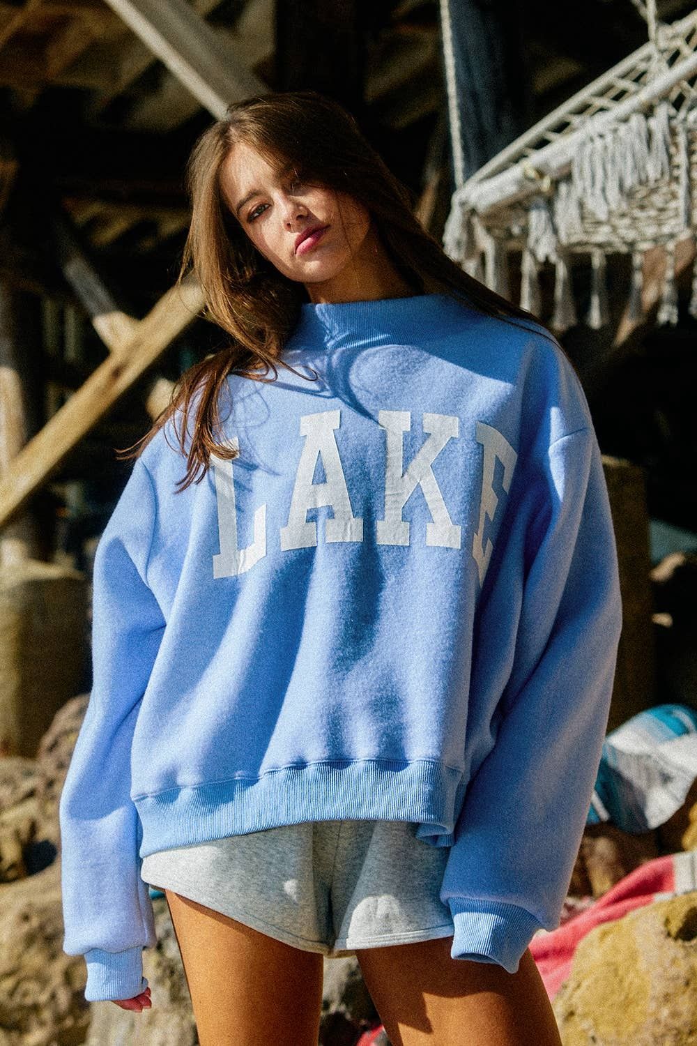 Reversible Mock-neck Crop Sweatshirt, Color: Blue, Size: S/M