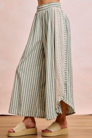 Floral Eyelet Striped Wide Pants