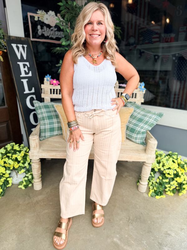 HIGH RISE WAIST TIE SEAMED STRIPED BARREL JEANS