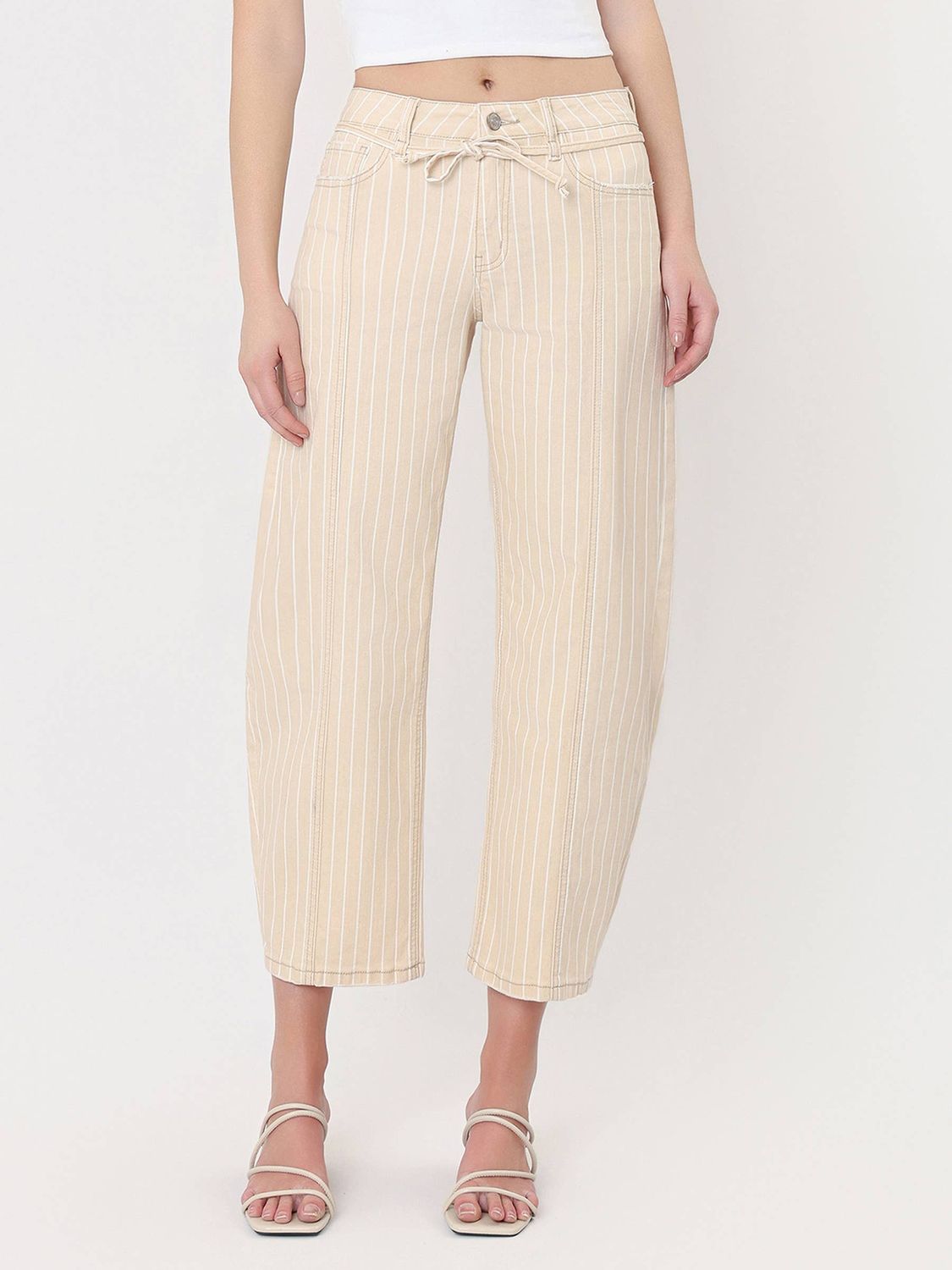 HIGH RISE WAIST TIE SEAMED STRIPED BARREL JEANS, Color: STRIPE, Size: 28