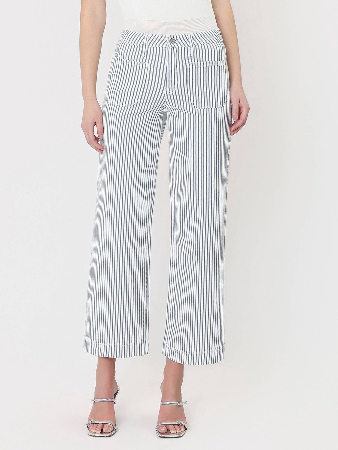 HIGH RISE PATCH POCKET CROP STRIPED WIDE LEG JEANS, Color: STRIPE, Size: 24