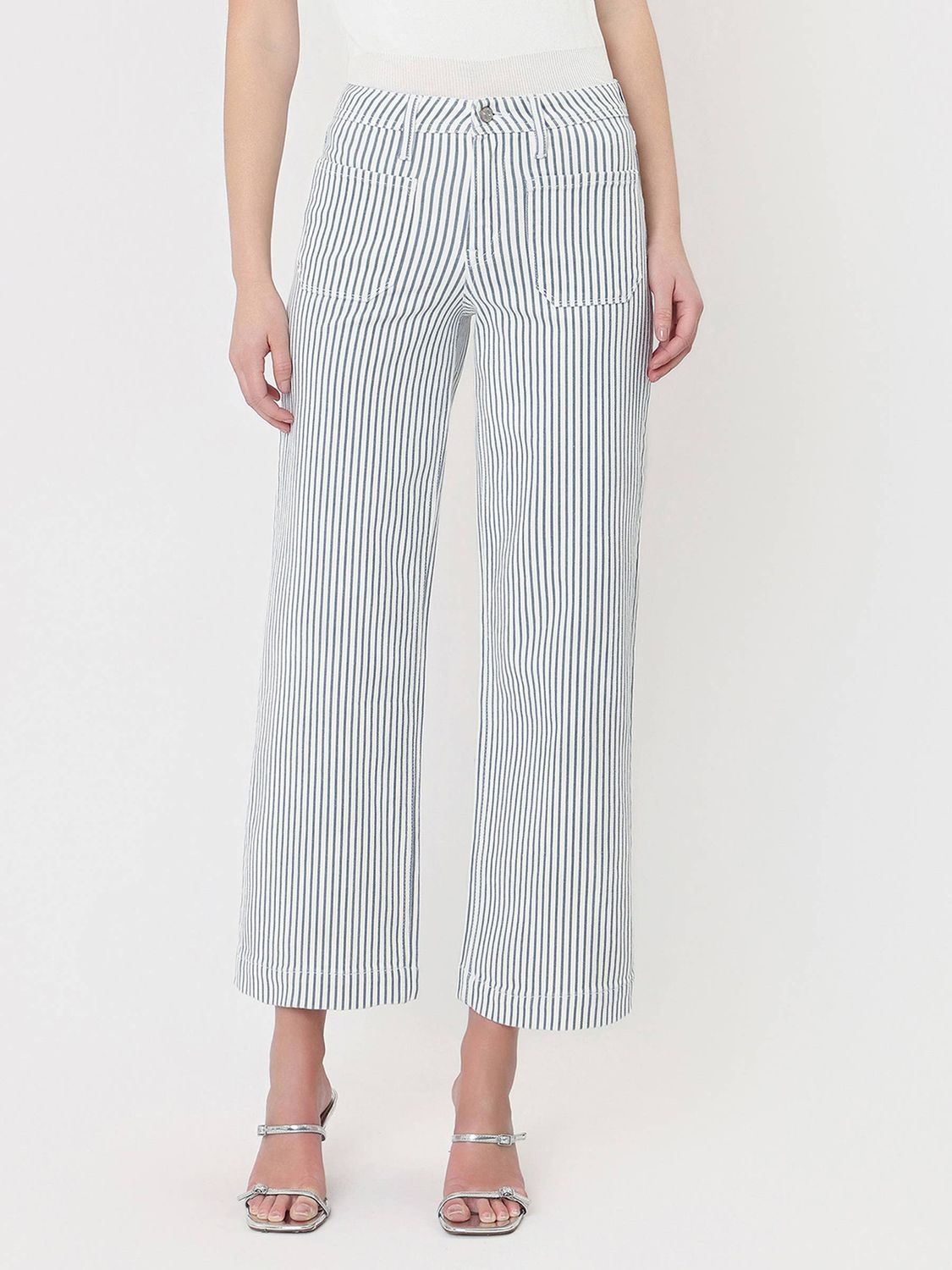 HIGH RISE PATCH POCKET CROP STRIPED WIDE LEG JEANS, Color: STRIPE, Size: 24