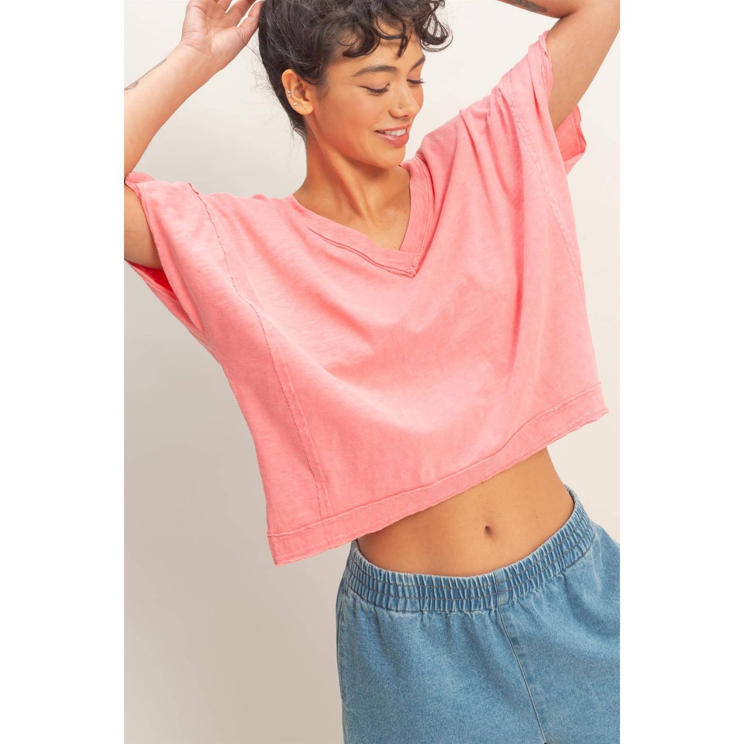 Oversized V-Neck Comfy Top, Color: TAFFY PINK, Size: S
