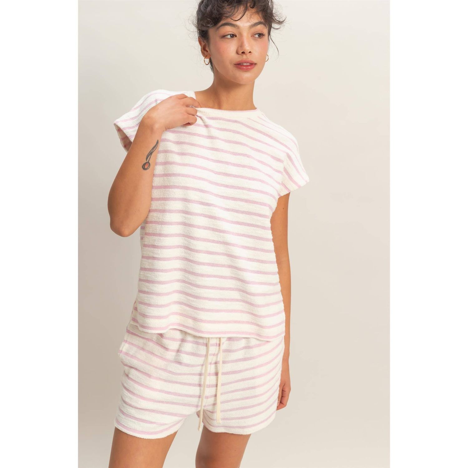 Striped Round Neck Top, Color: PINK, Size: S