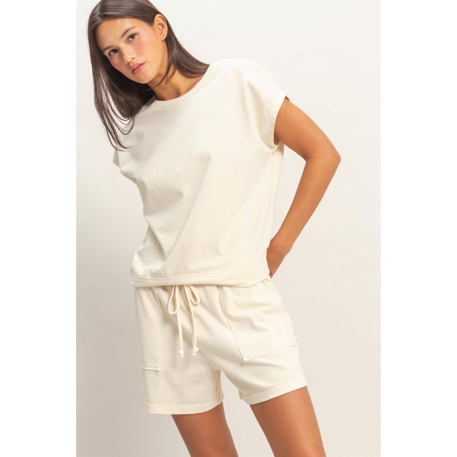 Sleeveless Crew Neck Top and Shorts Set, Color: ALPACA, Size: S