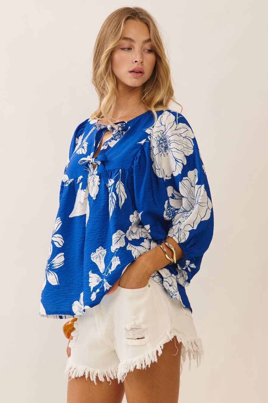 Floral Print Blouse, Color: Imperial Blue, Size: L