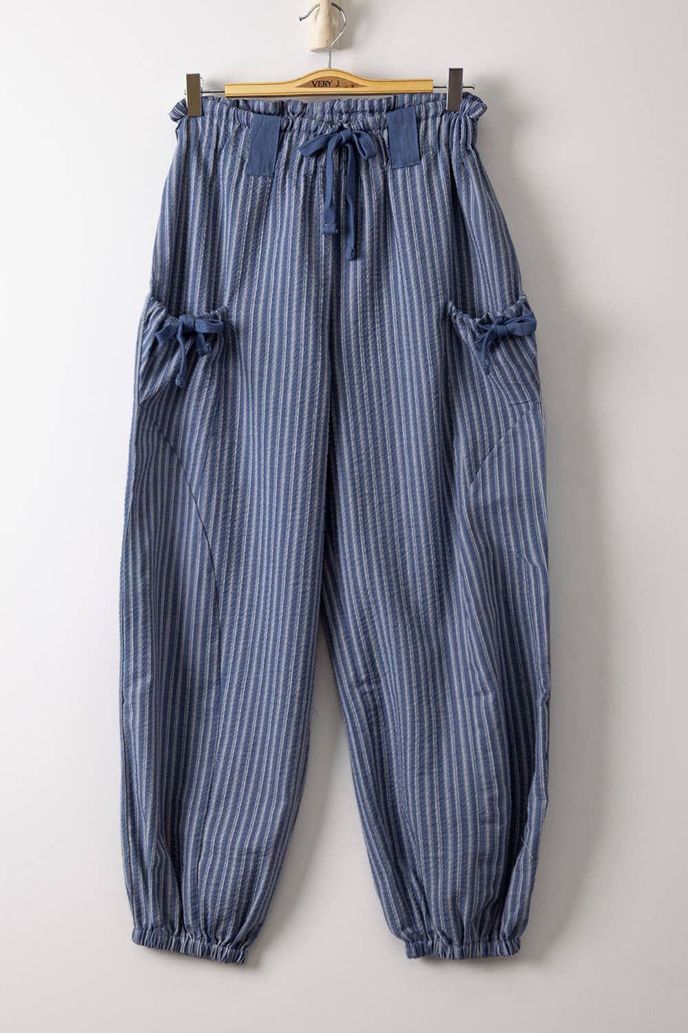Bow Detail Stripe Textured Woven Pants, Color: Denim Stripe, Size: S