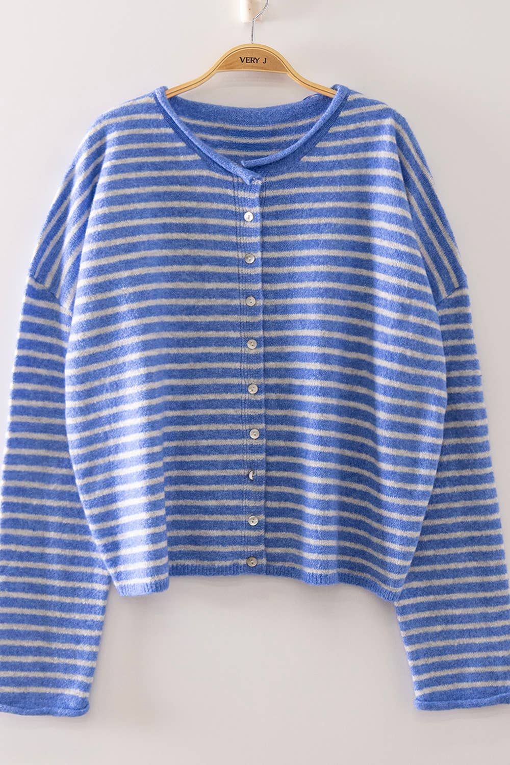 Button Down Stripe Sweater, Color: BLUE, Size: S