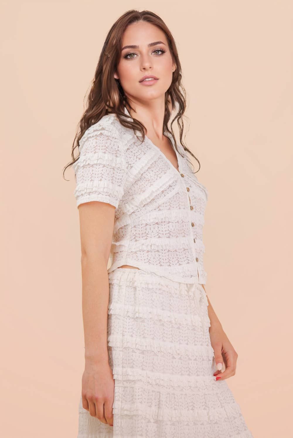 Button Down Lace Tiered Layers Blouse Top, Color: WHITE, Size: S