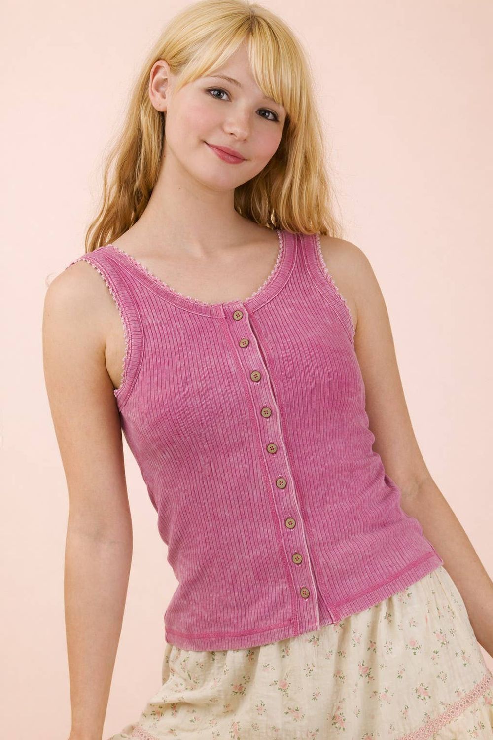 Mineral Washed Knit Tank Top W/ Lace Trim, Color: FUCHSIA, Size: S