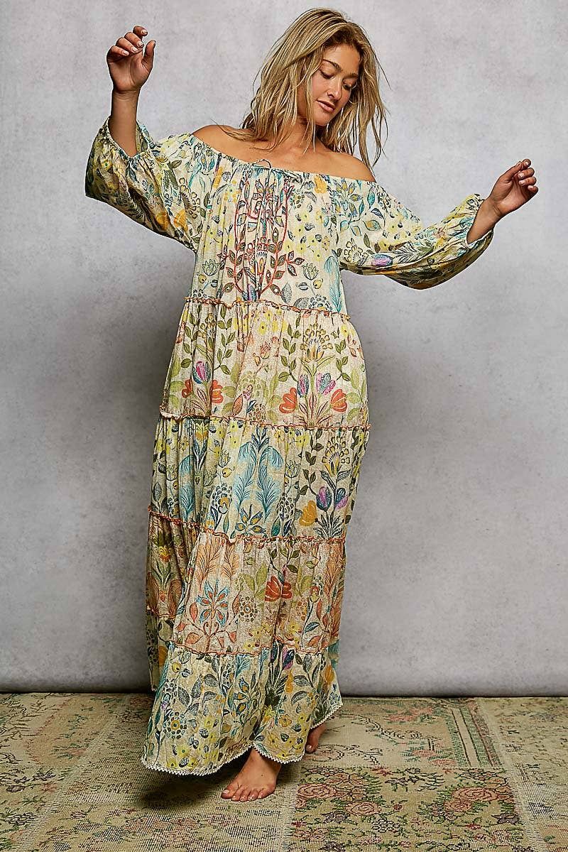 Off Shoulder Maxi Length Woven Printed Dress, Size: M