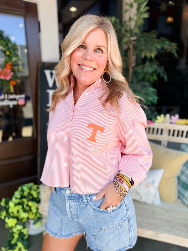 Tennessee Logo Patch Striped Cropped Button Up