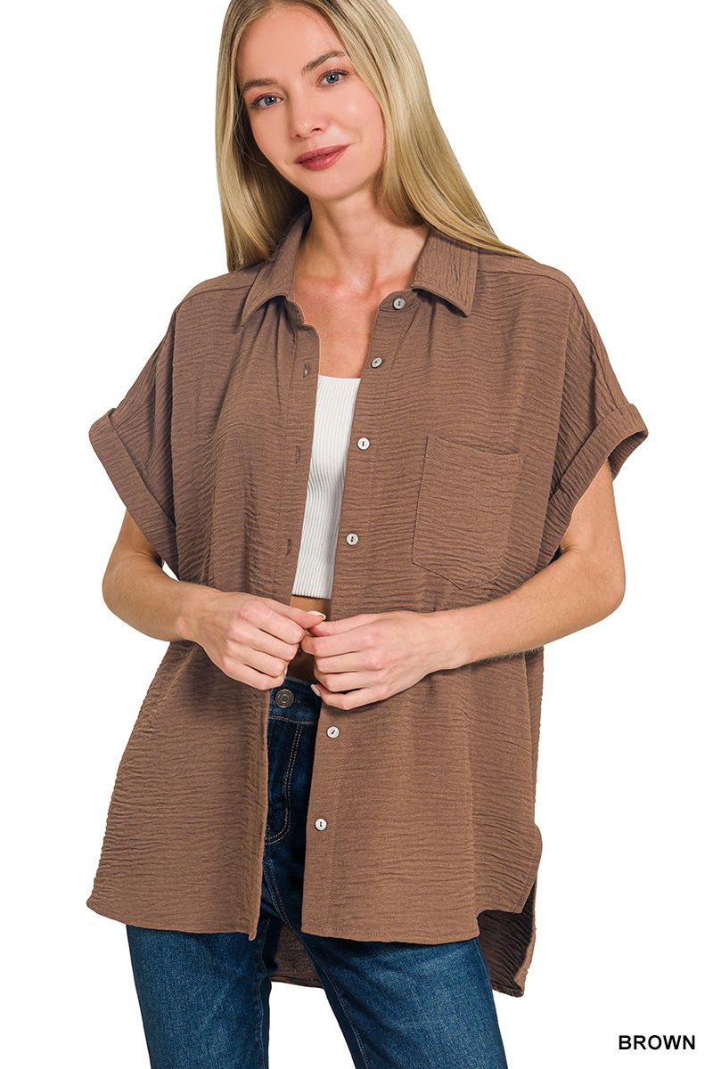 Woven Button Down Shirt, Color: Brown, Size: S