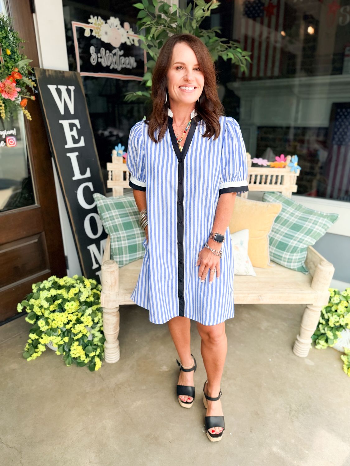 Button Down Stripe Shift Dress
