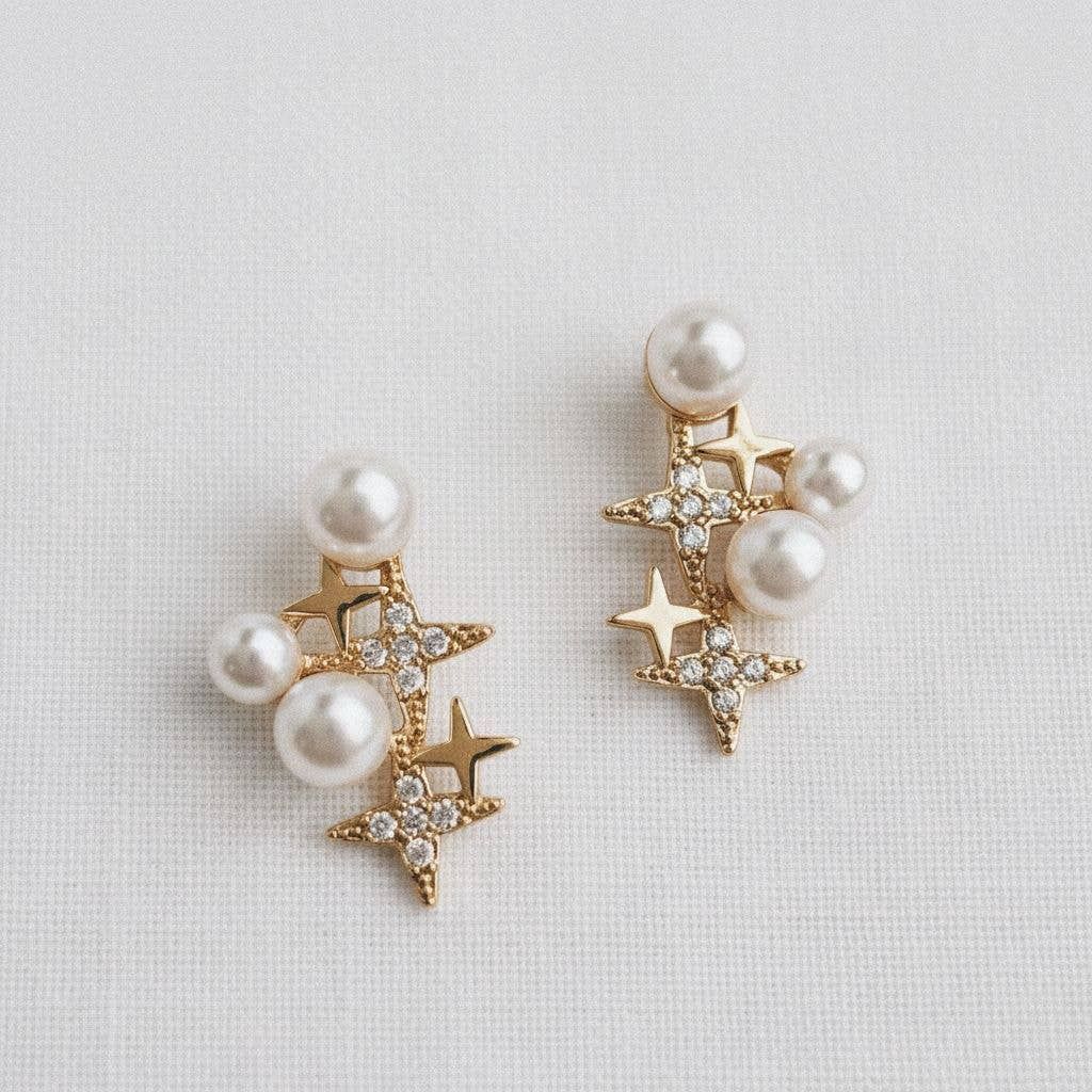 Pearl Cubic Zirconia Star Stud Earrings