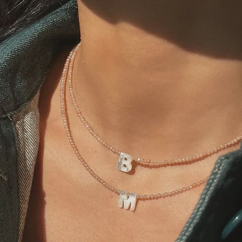 Beaded Initial Letter Shell Pendant Necklace Jewelry, Style: A