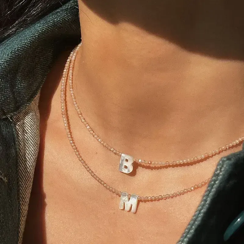 Beaded Initial Letter Shell Pendant Necklace Jewelry, Style: A