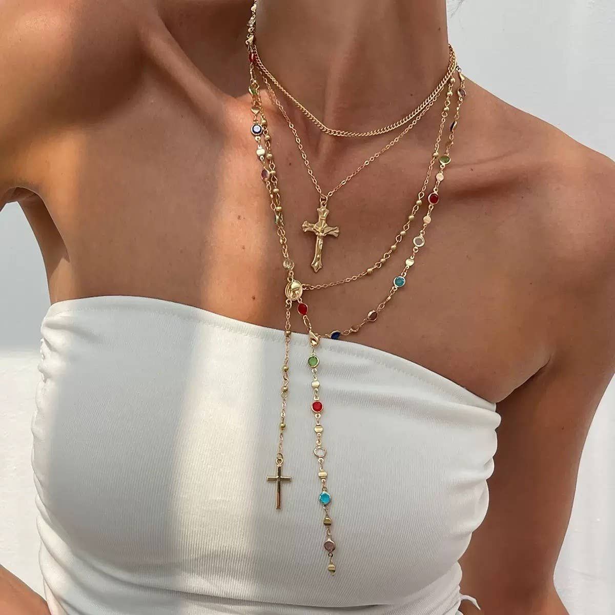 BOHO Y MULTI STONE CROSS LARIAT LAYER NECKLACE, Color: GOLD