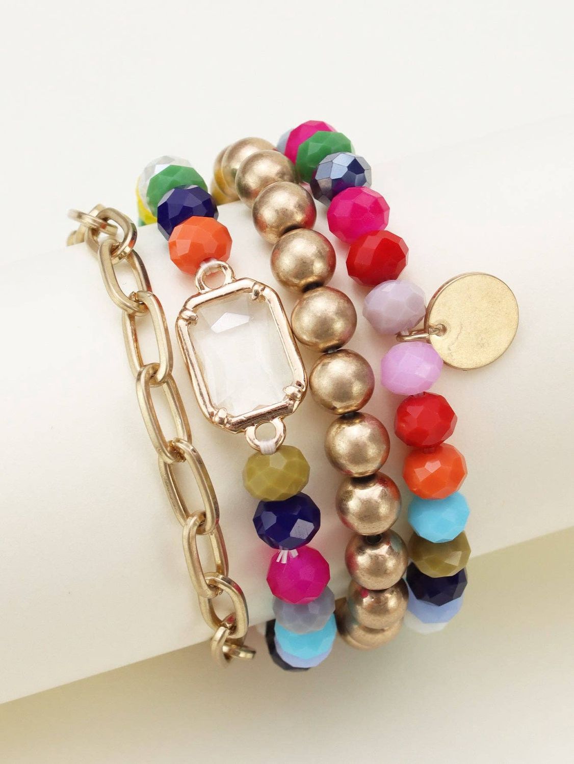 Metallic And Faceted Beaded Bracelet Set, Color: Multi