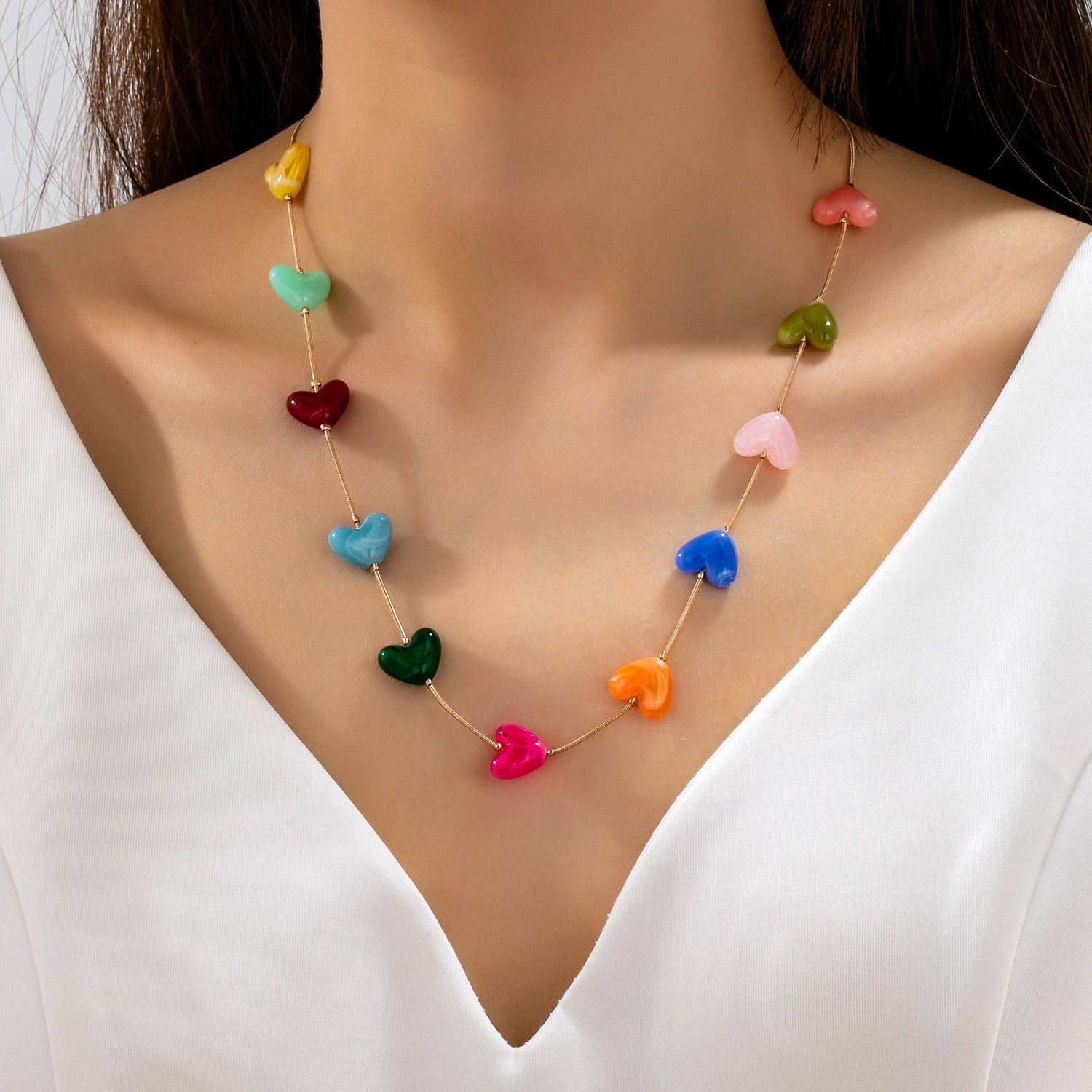 Multicolor Resin Beaded Heart Station Necklace | 80N92985, Color: MULTI