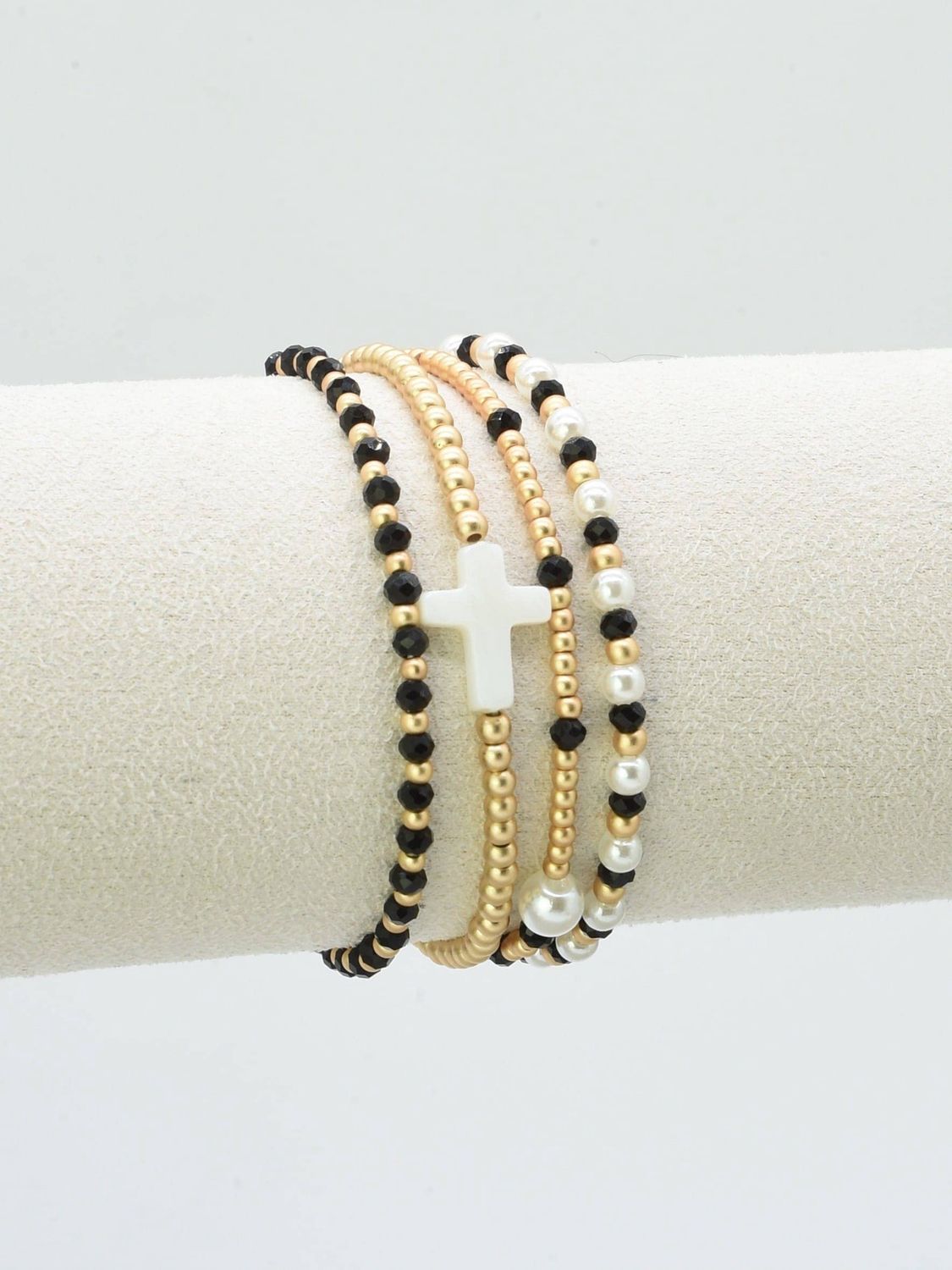 4 Piece Glass, Pearl, Cross Bracelet Set, Color: Black