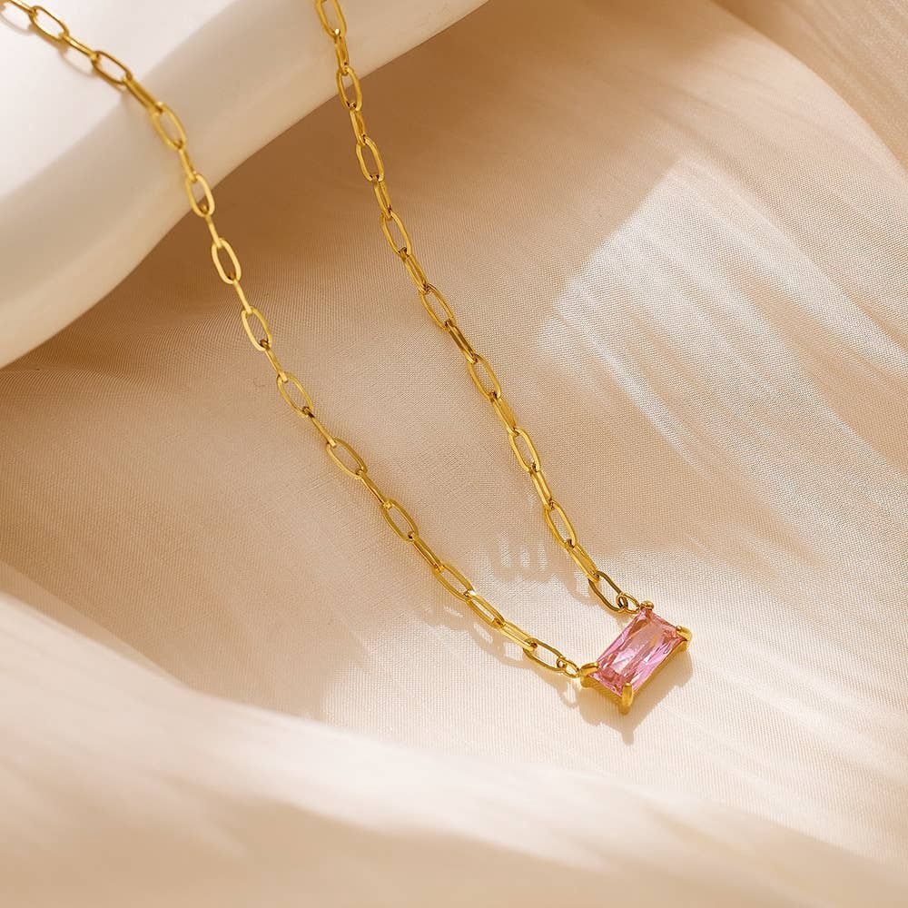 Titanium Steel Simple Rectangle Inlay Zircon Necklace, Color: Pink