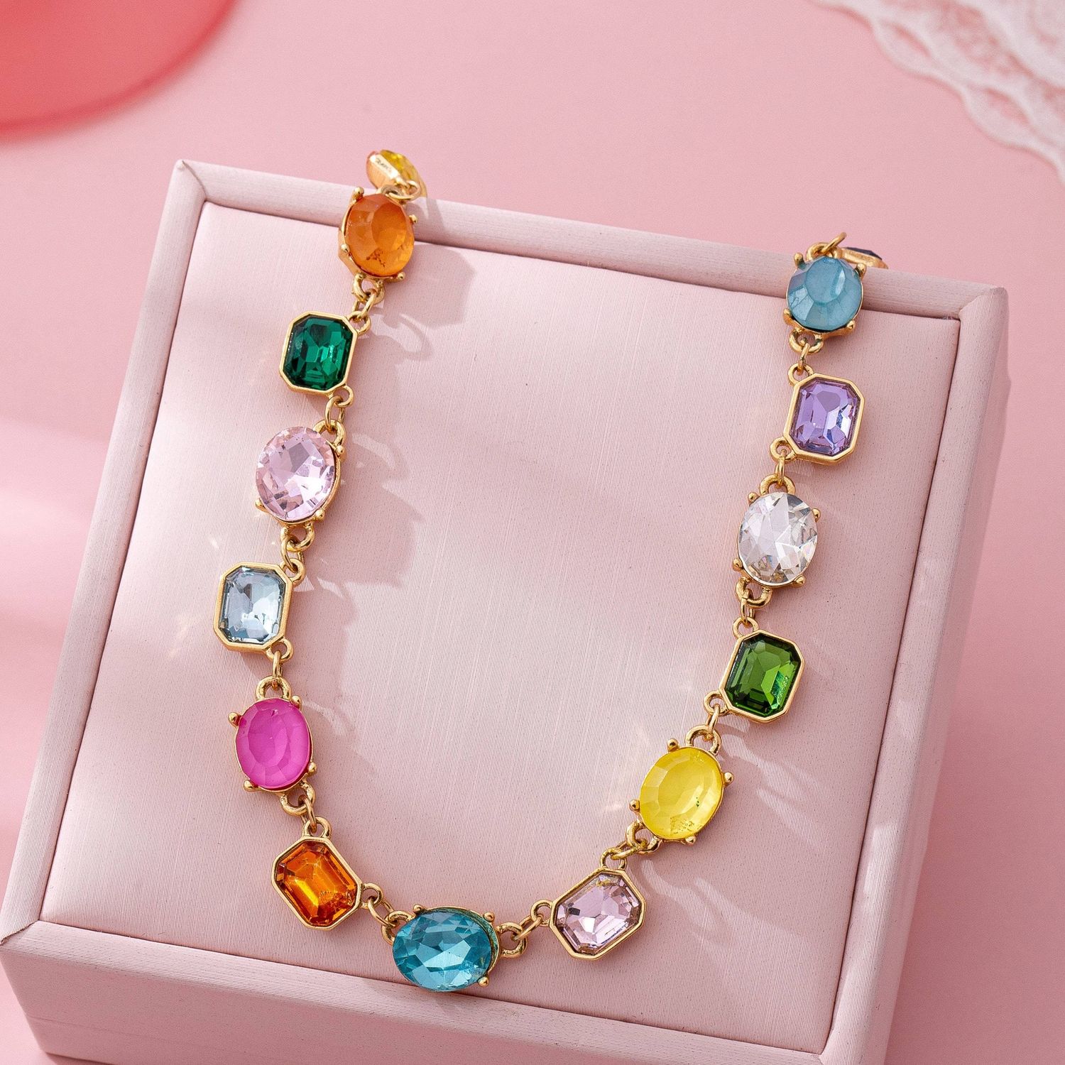 Multicolor Gemstone Link Necklace, Color: Gold