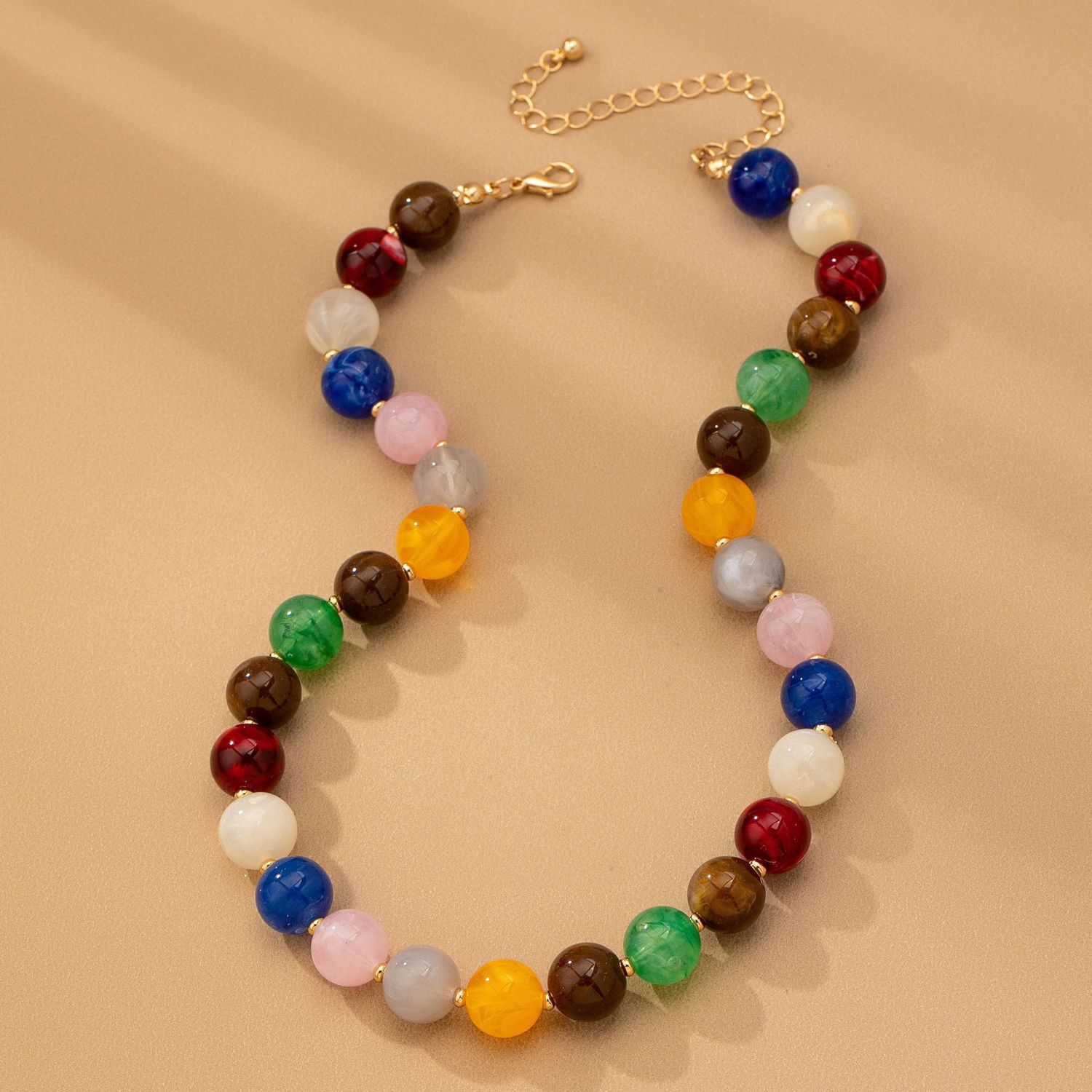 HIGH GLOSSY MULTI COLOR BEADED CHAIN NECKALCE, Color: MULTI