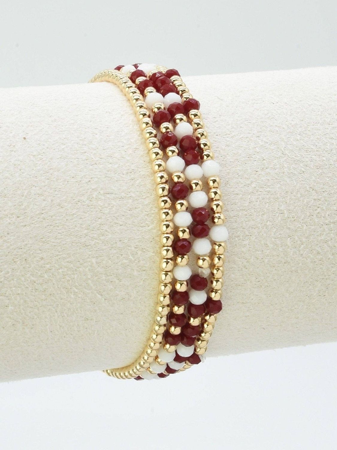 4 Piece CCB Glass Bead Stretch Bracelet Set, Color: Burgundy White