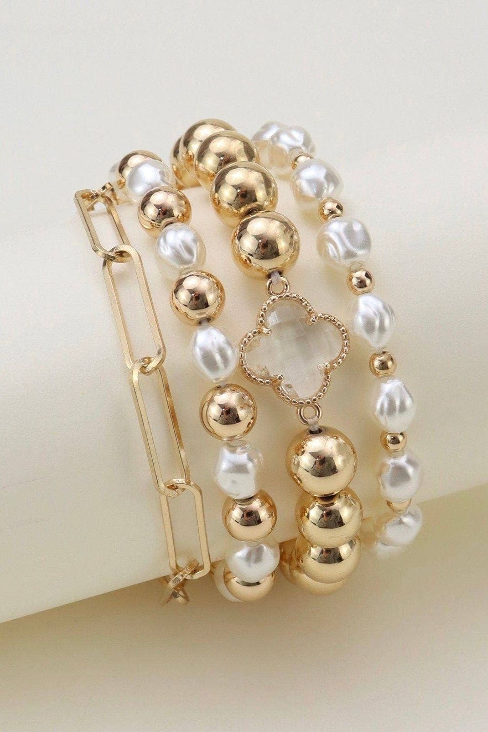 Shiny Multi Clover Beaded and Chain Bracelet Set, Color: Gold Cream