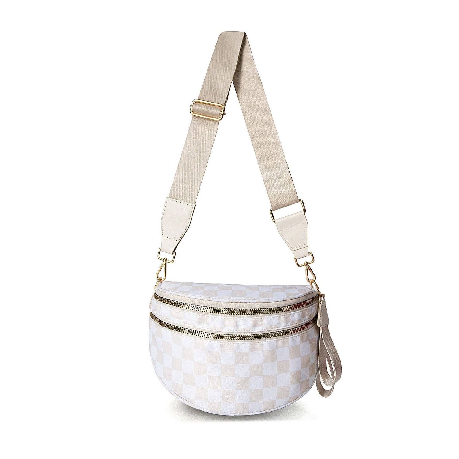 Frankie Oversize Double Zip Print Crescent Sling, Color: Almond Check