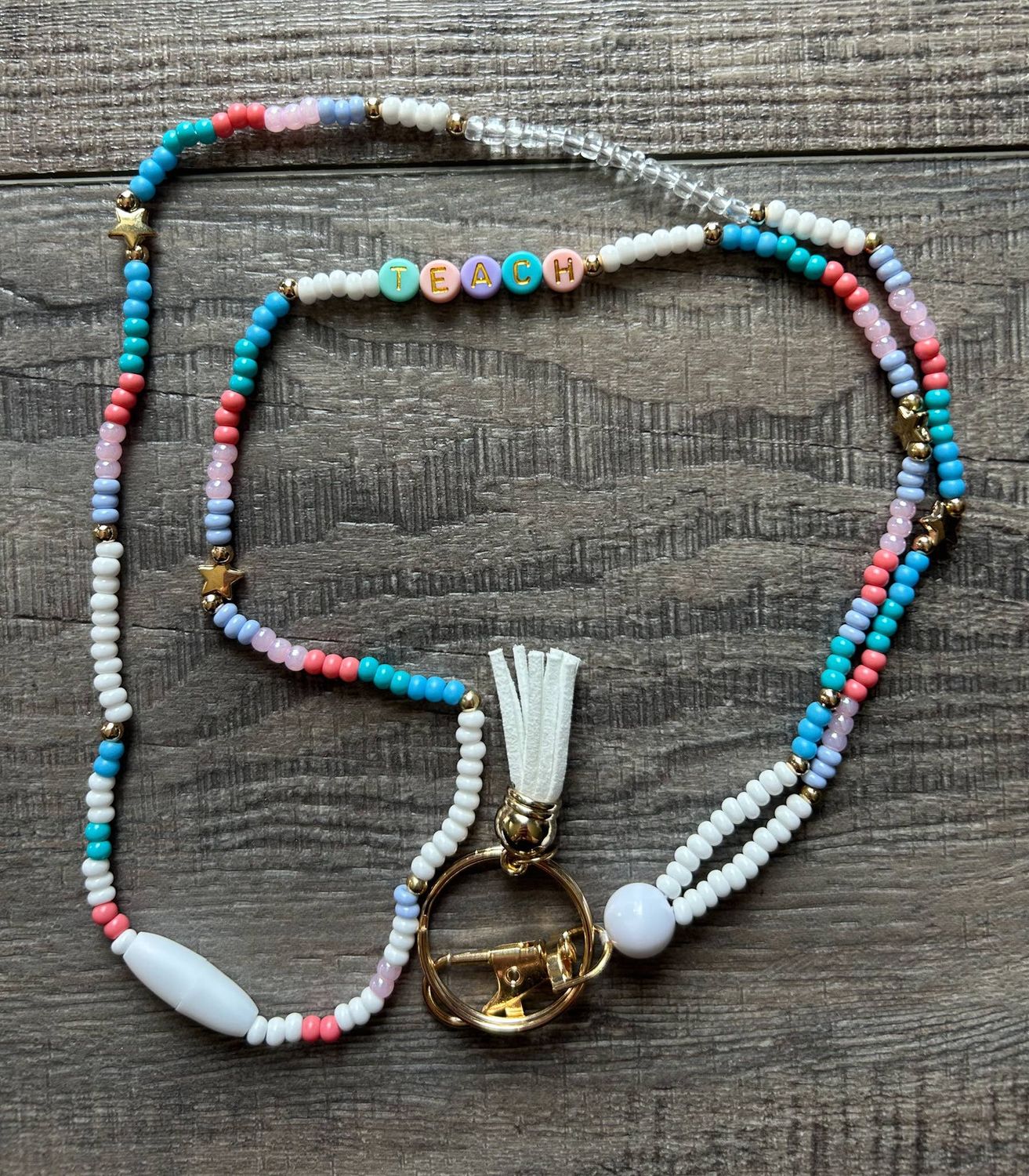 Teach Stars and Pastel Colors Seed Bead Breakaway Lanyard