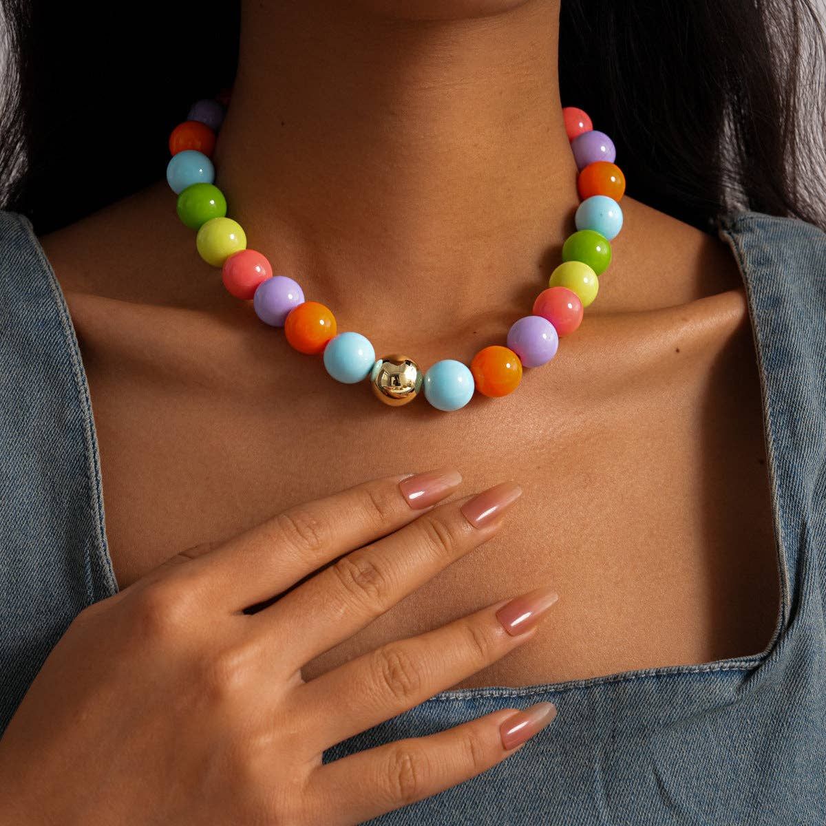 Colorful Dopamine Acrylic Round Bead Necklace, Color: Color
