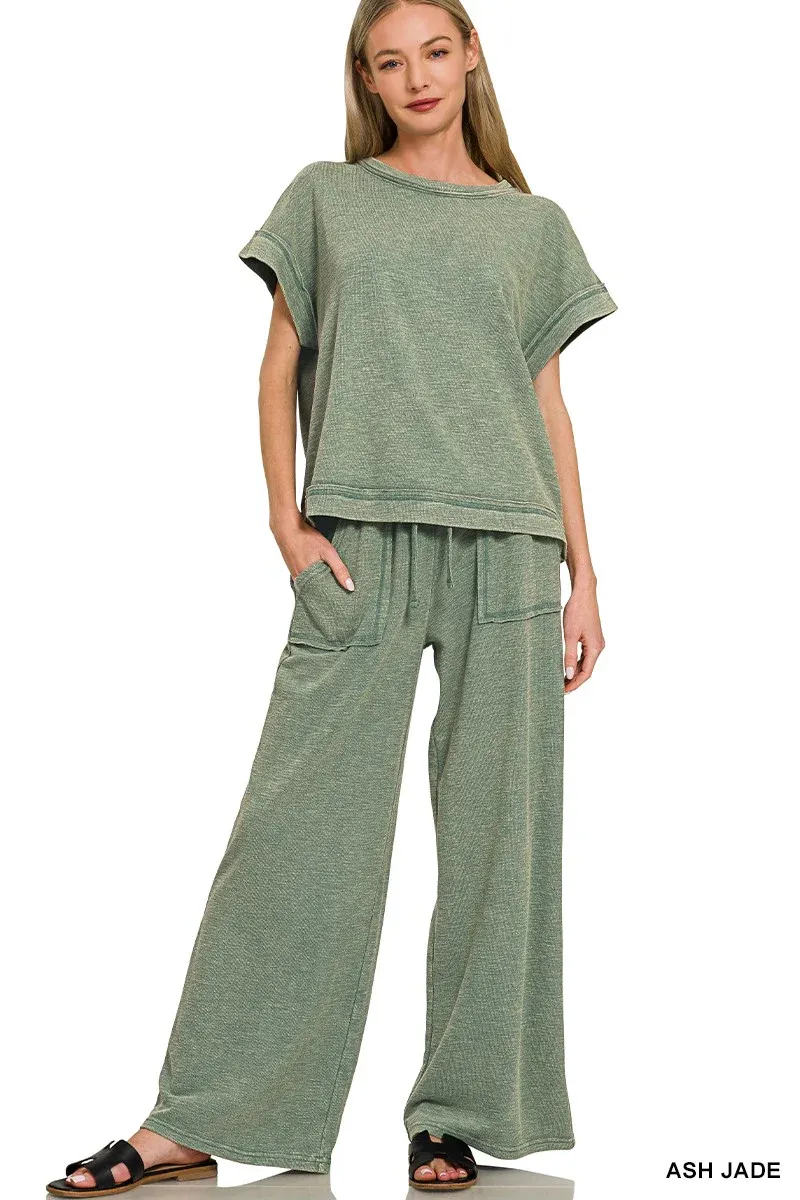 Washed Slub Pant Set, Color: Ash Jade, Size: S
