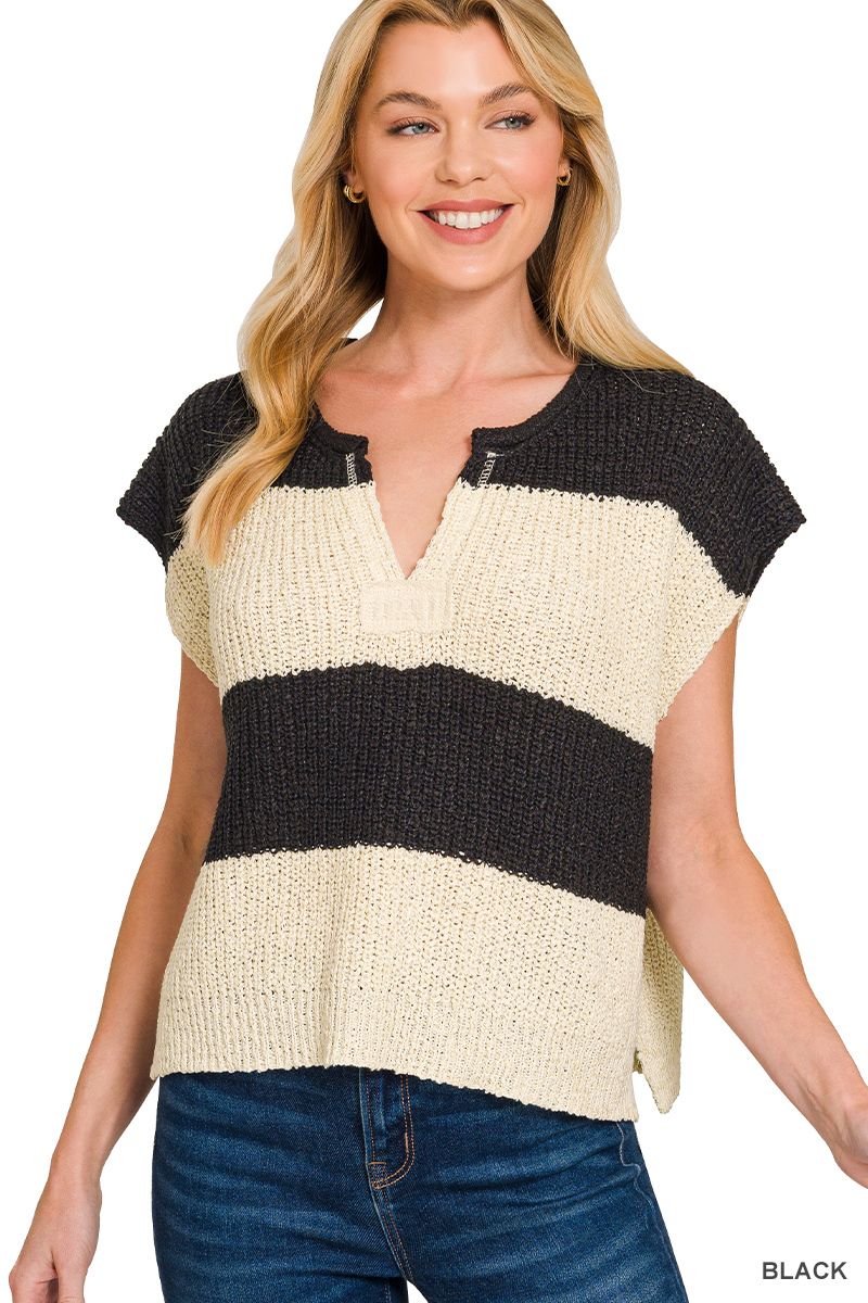Split Neck Sleeveless Stripe Sweater, Color: Black, Size: S
