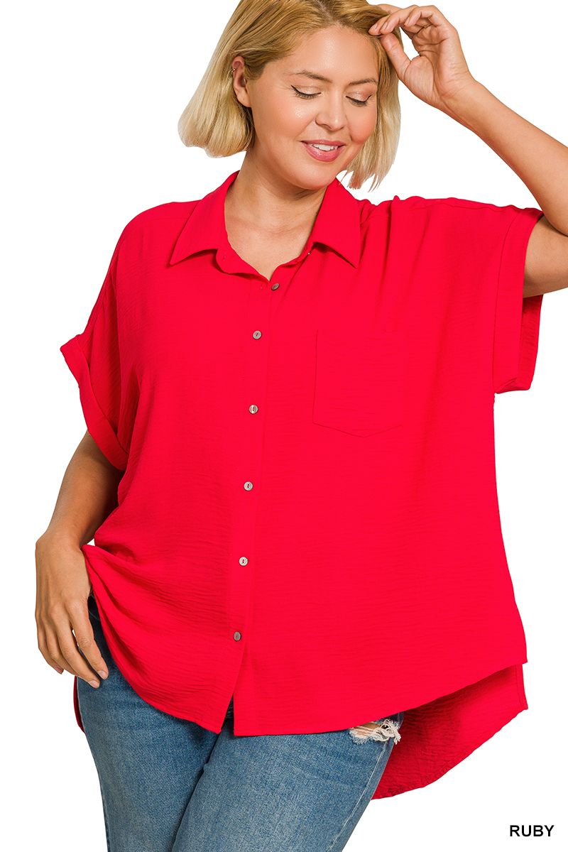 Plus Woven Button Down Shirt, Color: Ruby, Size: 1X