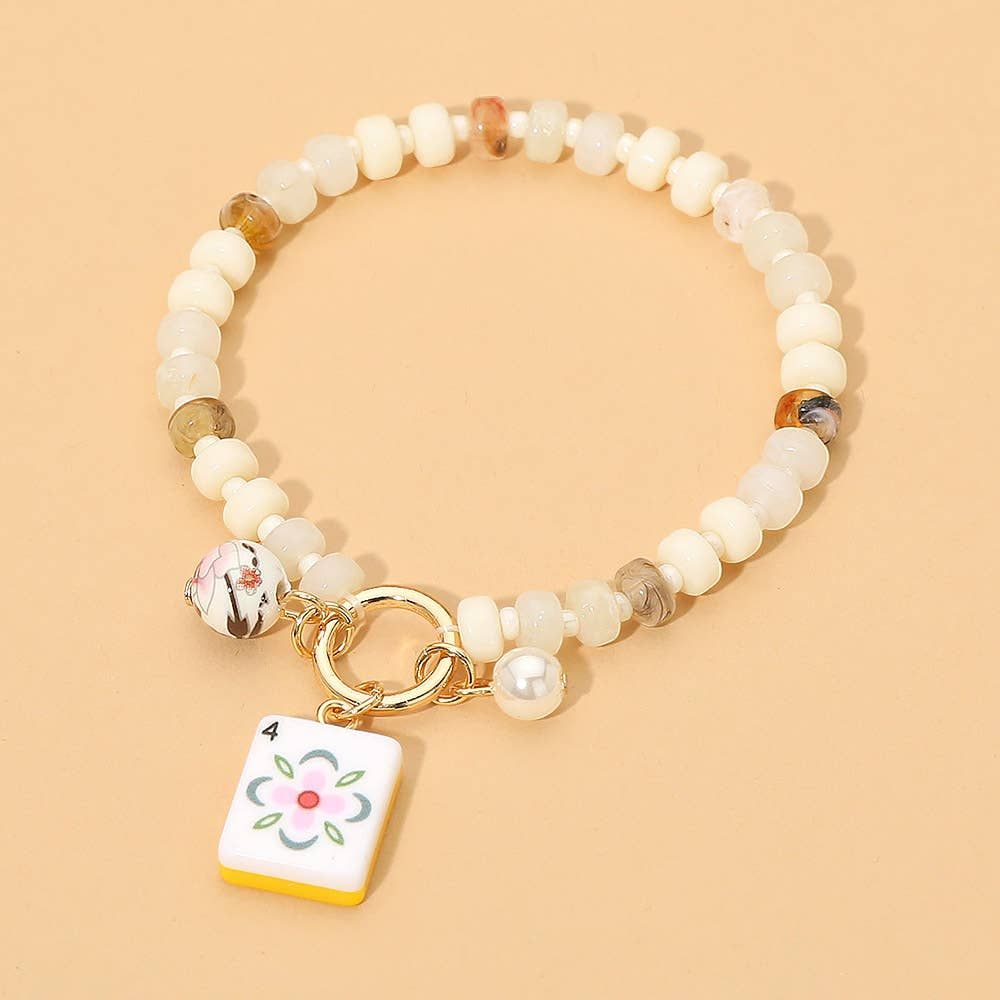 Mahjong Tile Charm Pearl Floral Bead Ball Accent Beaded Stretch Bracelet, Color: Gold,White