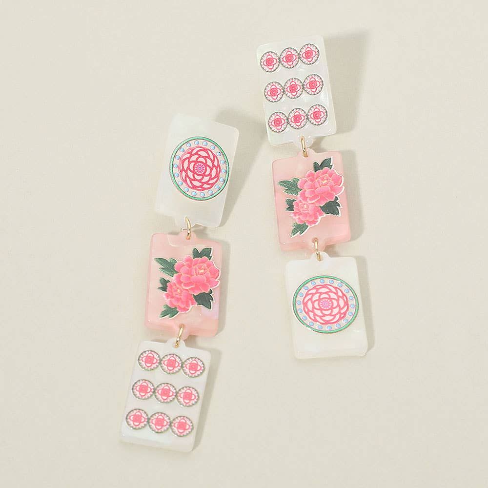Triple Mahjong Tile Link Drop Earrings, Color: Pink