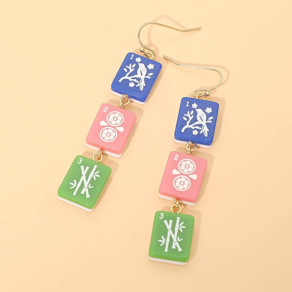 Triple Mahjong Tile Link Drop Earrings(1), Color: Gold,Multi