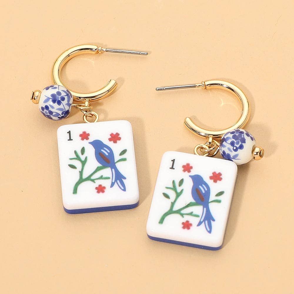 Mahjong Tile Charm Drop Hoop Earrings, Color: Blue,Gold