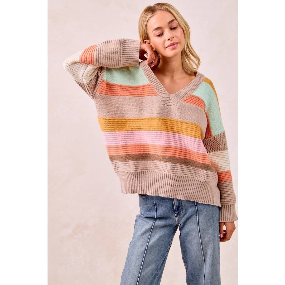 MULTI COLORS STRIPES RIB BANDED V-NECK SWEATER TOP, Color: MOCHA BROWN COMBO, Size: S