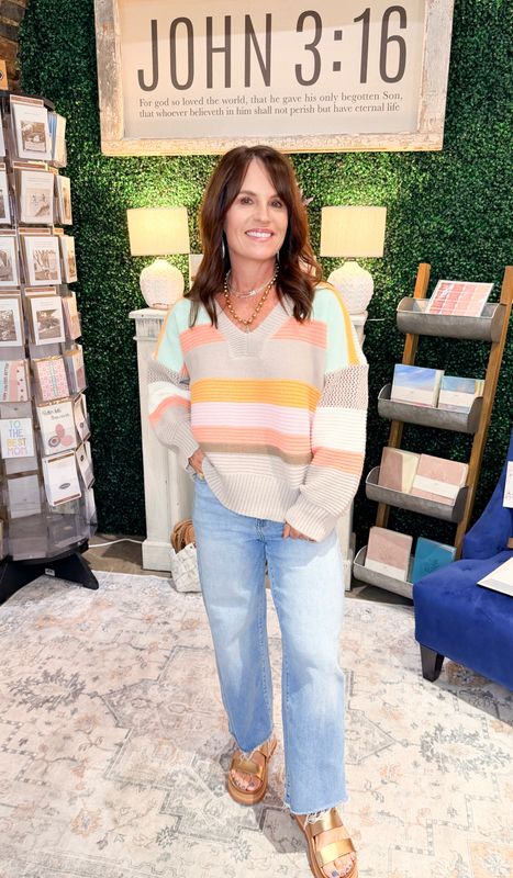 MULTI COLORS STRIPES RIB BANDED V-NECK SWEATER TOP