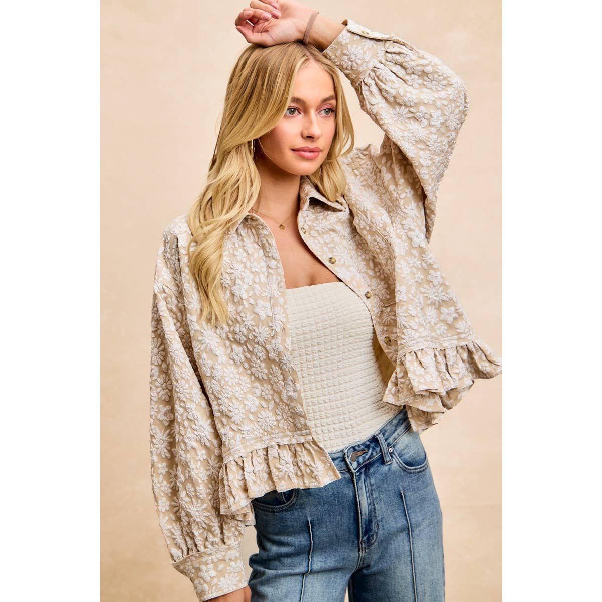 Floral Pattern Ruffle Hem Top, Color: OATMEAL, Size: S
