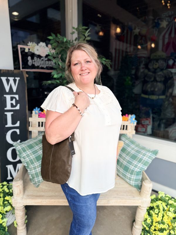PLUS RUFFLED YOKE SHORT SLEEVE HENLEY BLOUSE