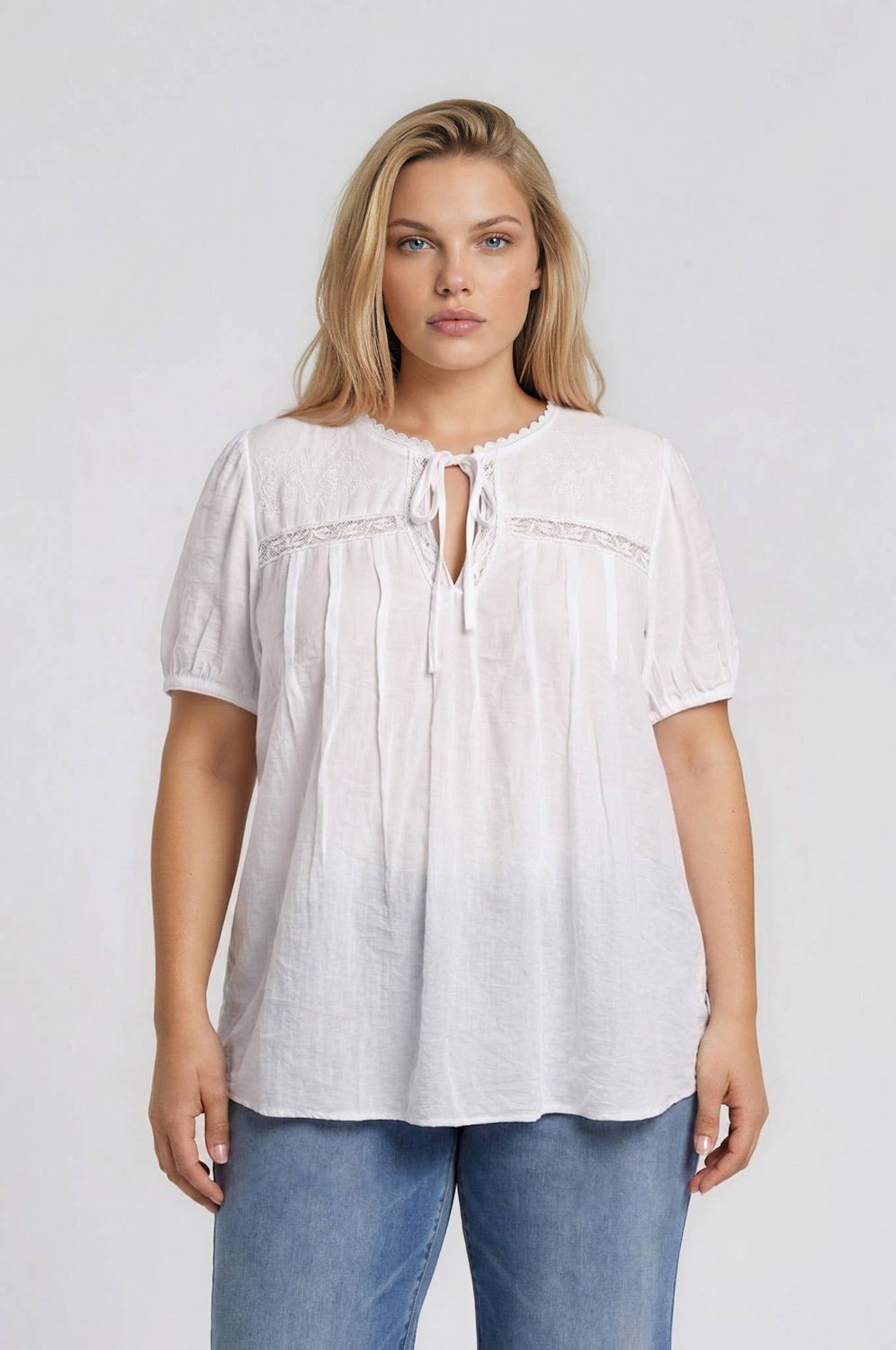 PLUS EMBROIDERED YOKE LACE TRIM PINTUCK DETAIL TOP, Color: IVORY, Size: 1X