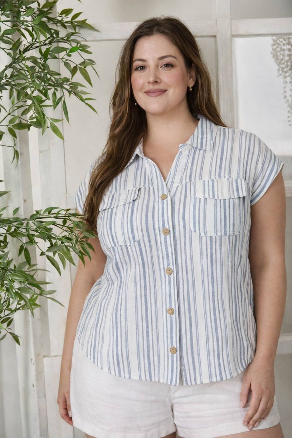 PLUS STRIPE SHORT SLEEVE POCKET TAB DETAIL SHIRT, Color: NAVY, Size: 1X